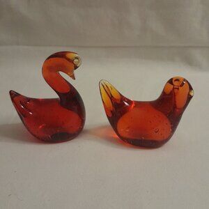 VTG Amberina Art Glass Swan Pair Paperweights/Decor
